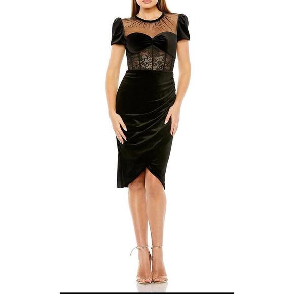 Mac Duggal 20742 Sheer Bustier Top Lace Asymmetrical Hemline Dress, Black Size 4 - Picture 1 of 9
